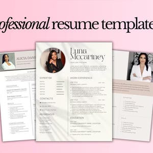 May include: Three professional resume templates with a minimalist design. Each template features a headshot of a person in a circle at the top. The text on the templates includes the names "Alicia Daniels" and "Luna McCartney".