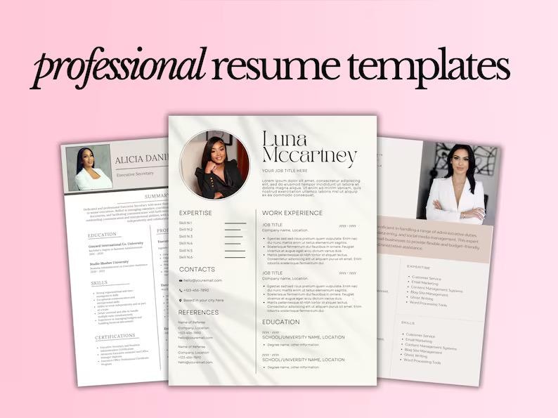 May include: Three professional resume templates with a minimalist design. Each template features a headshot of a person in a circle at the top. The text on the templates includes the names "Alicia Daniels" and "Luna McCartney".