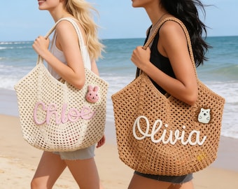 Handmade Crochet Beach Tote Custom Name Embroidery Summer Pool Vacation Bag Bridesmaid Gift Idea Personalized Beach Essentials