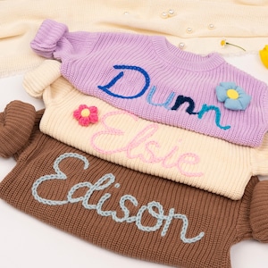 Custom Hand-Knit Embroidered Baby Name Sweater, Handmade Toddler Chunky Sweater, Cotton Kids Jumper, Personalized Back to School Clothing