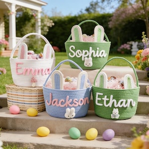 Personalized Easter Name Basket, Custom Embroidered Cotton Rope Basket, Easter Egg Hunt Bag, Toddler Toy Storage Bin, Spring Gift Idea