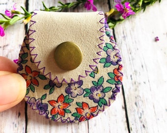 NANO Gypsy Pill or Jewelry Pouch / Beige Leather and Fabric / Mini Pouch /Leather Pill Case / Jewelry Bag / Guitar Picks Bag