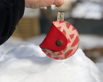 Red Leather and Watermelon Fabric Coin Purse / The Mini Gypsy Change Purse / Leather Change Purse / Mini Bag / Coin Pouch