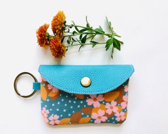 Small Wallet / Pink Dogwood Flowers/ Business Card Wallet  / Small Bag / Turquoise Vinyl and Flower Cotton Print Bag Card Holder