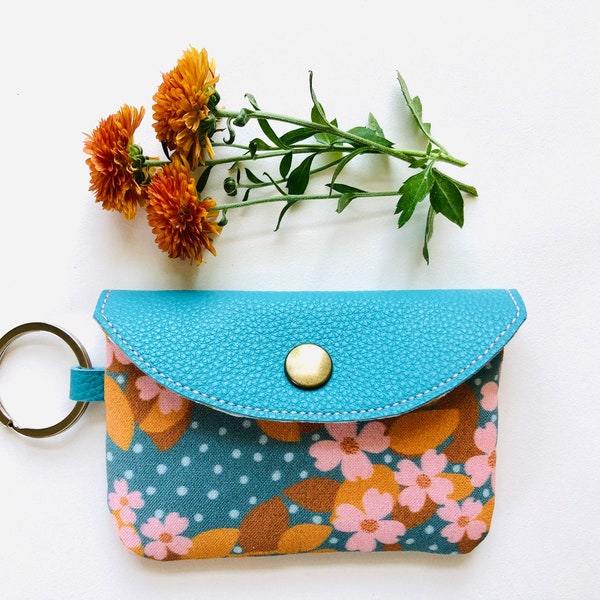 Small Wallet / Pink Dogwood Flowers/ Business Card Wallet  / Small Bag / Turquoise Vinyl and Flower Cotton Print Bag Card Holder