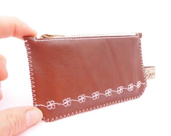 Brown Leather Wallet / Zippered Leather Bag / Brown Leather Card Holder / Brown Leather with Light Pink Embroidery