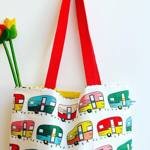 Beautiful Tote Bag Happy Colorful Retro Campers / Camping Bag / Fabric Bag / Shopping Bag / Tote Bag