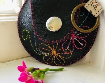 Embroidered Leather Coin Purse / The Mini Gypsy Change Purse / Leather Change Purse / Mini Bag / Coin Pouch Black Leather