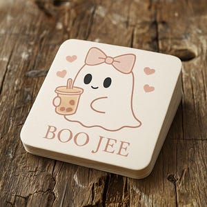 Kawaii Ghost Ceramic Coaster: Iced Coffee, Pastel Pink, Halloween Decor