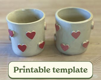 Heart Mug, Slab Pottery Template Printable PDF, Clay Handbuilding Mug Pattern, DIY Pottery Project, Ceramic Cup Template with Hearts