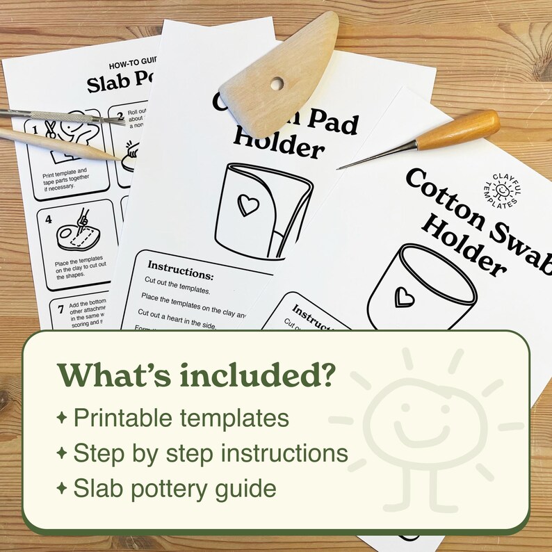 May include: A collection of printable pottery templates and instructions, including a slab pottery guide. The image shows templates for a pad holder and cotton swab holder, along with tools and a wooden background.