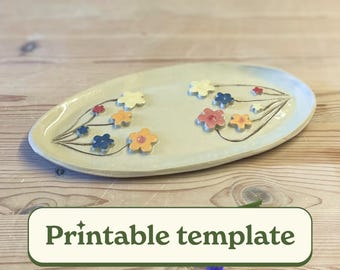 Flowerfield Dish Pottery Template, Printable Slab Pottery Pattern, Oval Flower Tray Template PDF, DIY Ceramic Serving Plate Design