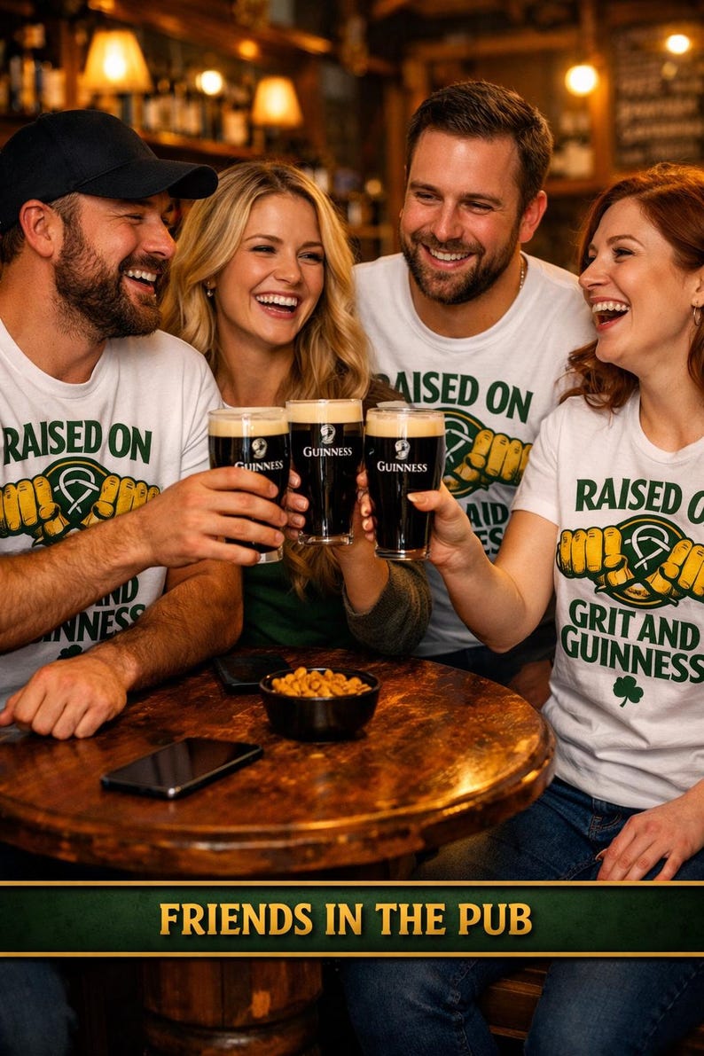 May include: Four people in a pub, smiling and toasting with pints of Guinness. They wear white t-shirts with the text "RAISED ON GRIT AND GUINNESS". A bowl of snacks and a phone sit on the wooden table. The image has the text "FRIENDS IN THE PUB".