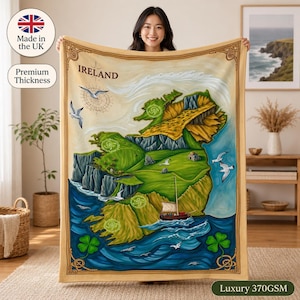 Coperta in pile irlandese, con motivo a mappa / Poliestere ultra morbido / 150 cm x 150 cm, Irlanda vintage dipinta a mano