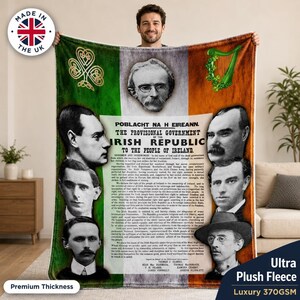 Coperta in pile con la bandiera irlandese / Coperta con la Proclamazione d'Irlanda / Regalo per lui, per i tifosi / Festa di San Patrizio