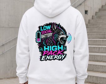 Sweat à capuche Neon Wolf, faible énergie sociale, énergie débordante, polaire unisexe en mélange de coton
