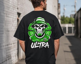 T-shirt graphique Ultra Matchday Skull | Streetwear à rayures vertes et blanches | Maillot Glasgow Football Casuals | T-shirt Shamrock Terrace Culture