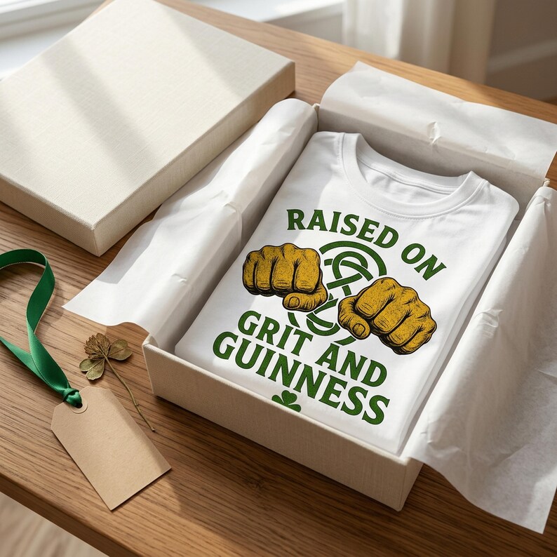 May include: White t-shirt with the text "RAISED ON GRIT AND GUINNESS" in green, featuring two fists and a Celtic knot design. The shirt is presented in a gift box with tissue paper, a green ribbon, a tag, and a four-leaf clover.