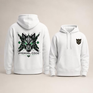 May include: Two white hooded sweatshirts. The back of the left hoodie features a large, detailed graphic of a mechanical wolf head with green glowing eyes, geometric patterns, and the text "PRIMAL CODE CELTIC WOLF WEAR." The right hoodie has a small wolf head logo on the chest.