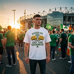 May include: A white t-shirt with the text "RAISED ON GRIT AND GUINNESS" in green and yellow. The shirt features a shamrock and two fists. The person is wearing dark blue jeans and is standing in a crowd of people.