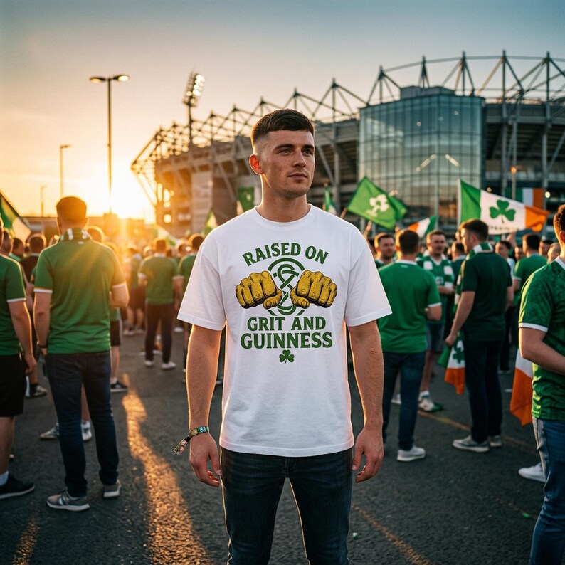 May include: A white t-shirt with the text "RAISED ON GRIT AND GUINNESS" in green and yellow. The shirt features a shamrock and two fists. The person is wearing dark blue jeans and is standing in a crowd of people.