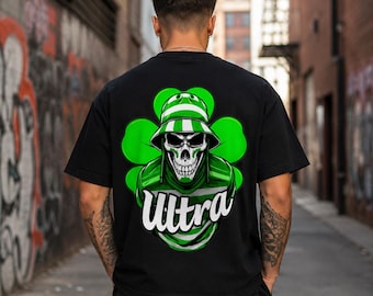 Ultra Matchday Graphic Tee | Green and White Hoops Skull Shirt | Glasgow Football Casuals Streetwear | Clover Supporter Oversized T-Shirt