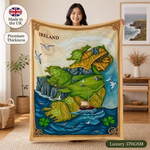 Manta de lana irlandesa, mapa / Vintage pintada a mano / 150 cm x 150 cm / Colinas verdes onduladas / Noche de cine acogedora