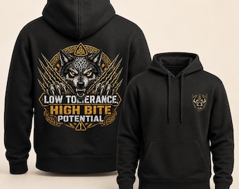 Sweat à capuche Loup Gothique, Faible Tolérance, Potentiel de Morsure Élevé, Polaire Unisexe en Mélange de Coton