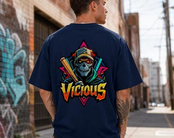 Vicious Cyberpunk Skull Graphic Tee | Oversized Y2K Streetwear Shirt | Edgy Neon Gamer T-Shirt | Alt Grunge Urban Top