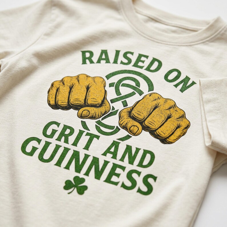 May include: Cream-colored t-shirt with the text "RAISED ON GRIT AND GUINNESS" in green, featuring two yellow fists and a green shamrock. The design has a vintage, slightly distressed look.