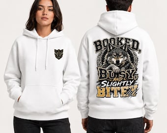 Sweat à capuche loup rigolo, modèle « Booked Busy Slightly Bitey », unisexe en polaire mélangée de coton