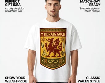 May include: White t-shirt featuring a shield design with a red dragon, yellow flowers, and the text "Y DDRAIG GOCH". The shirt has a classic Wales style and is perfect for loyal supporters.