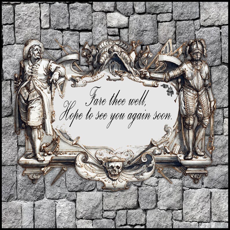 May include: A decorative wall plaque with a stone background features two figures flanking a central panel. The panel reads "Fare thee well, Hope to see you again soon." The figures are in period clothing and armor.