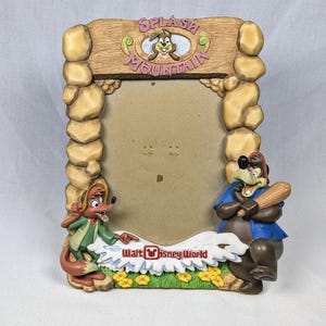 May include: A decorative photo frame featuring characters from Splash Mountain at Walt Disney World. The frame has a light brown stone-like border, with the words "Splash Mountain" at the top. The frame has a fox and bear character on the bottom.