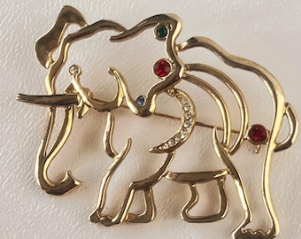 Gold Tone Elephant Brooch, Vintage Style Rhinestone Animal Pin