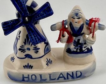 Vintage Delft Blue Dutch Windmill & Water Carrier Figurine – Holland Souvenir