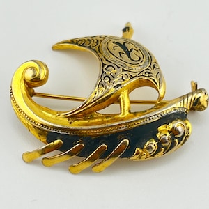 Vintage1950s Gold Ship Brooch, Viking Boat Pin, Nautical Sailing Brooch, Mid-Century Jewellery, Unisex Brooch Damascene Boat Pin