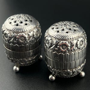 Antique Sterling Silver Salt and Pepper Pots, Floral Edwardian Tableware