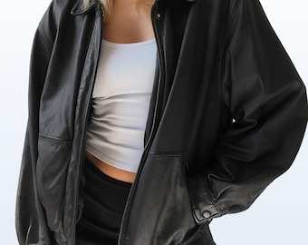 Ladies Black Classic Leather Bomber jacket, Oversized Straight Cut Sheep Leather Jacket. Women Leather jacket, Ladies Soft leather jacket