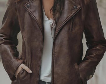 Handmade Distressed Brown Leather Moto Jacket, Women's Vintage Style