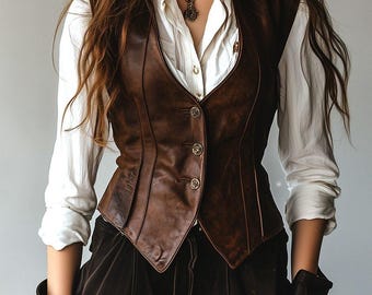 Premium Women’s Brown Genuine Leather Vest – Retro Steampunk Outerwear with Button Closure and Elegant Victorian Fashion, Gift For Her