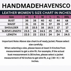 May include: A size chart for leather jackets, with measurements in inches. The chart includes bust, waist, shoulder, sleeve length, and length for sizes XS to XXL. The text also includes a note about selecting the correct size.