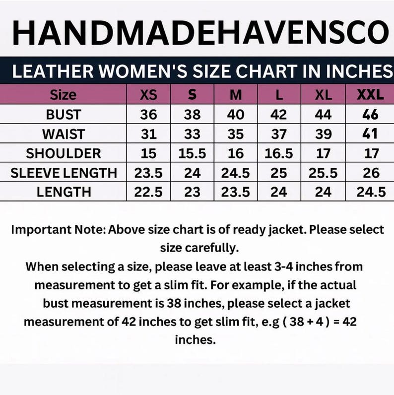 May include: A size chart for leather jackets, with measurements in inches. The chart includes bust, waist, shoulder, sleeve length, and length for sizes XS to XXL. The text also includes a note about selecting the correct size.