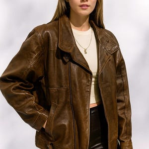 Vintage bruin leren bikerjack, oversized motorjas
