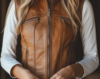Handmade Brown Leather Vest, Stand Collar, Slim Fit
