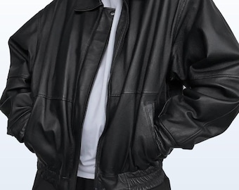 Women’s 1990's Oversized Bomber Genuine Leather jacket | Grunge Streetwear Casual Bike Real Soft Sheepskin Jacket | Vintage Outfit Jacket