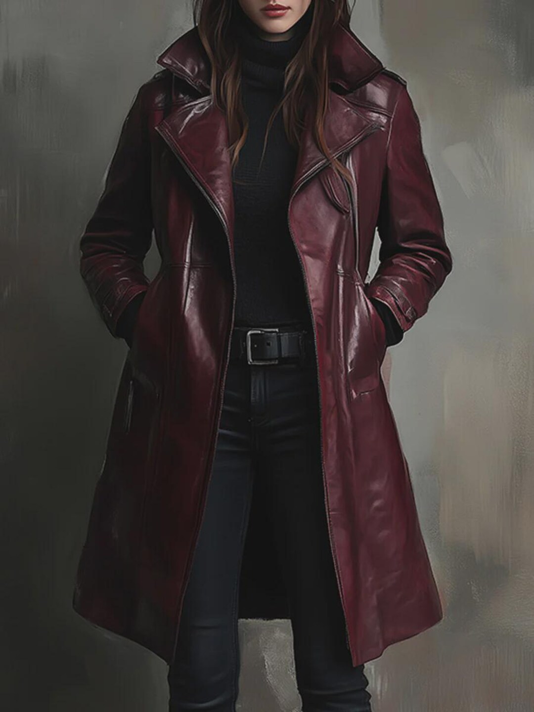 Retro Dark Red Long Real Leather Jacket Casual Loose Elegant Retro Dark Red Long Real Leather Jacket Casual Loose Elegant