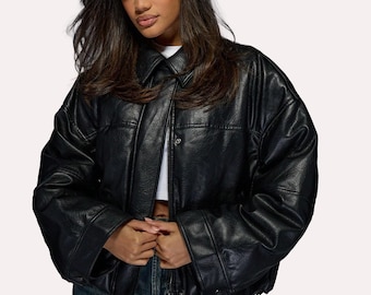 Oversized Black Leather Jacket – Glossy Finish, Streetwear Style
