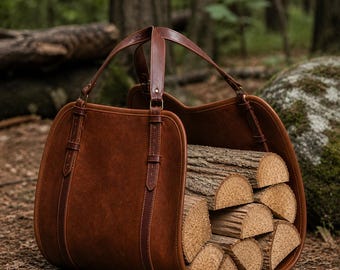 Leather Firewood Log Carrier Bag | Handmade Fireplace & Cabin Decor | Personalized Log Carrier | Outdoor Wood Carrier with Adjustable Handle