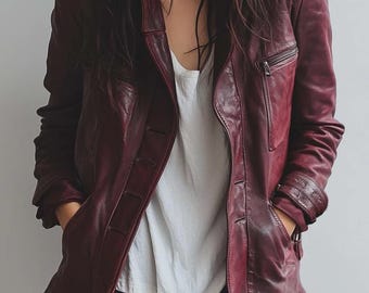 May include: Burgundy leather jacket with a zipper pocket on the chest and button closures. The jacket has a classic design with a notched collar and is worn over a white top. The sleeves have decorative stitching.